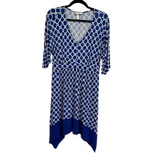 Soma Blue and White Geometric Print V-Neck Dress with Asymmetric Hem‎ Medium